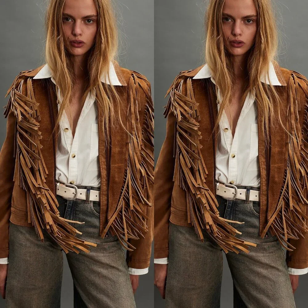 Free People Western Fringe Leather Shawl NWT OS | Tan Suede Fringe Wrap Boho - Picture 10 of 12